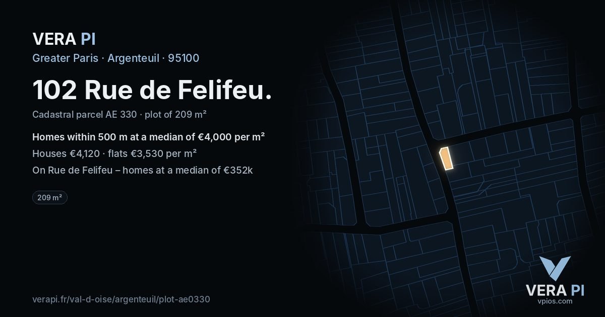 102 Rue de Felifeu, Argenteuil at night – the plot lit, the parcels around coloured by the prices near them