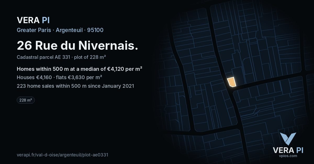 26 Rue du Nivernais, Argenteuil at night – the plot lit, the parcels around coloured by the prices near them