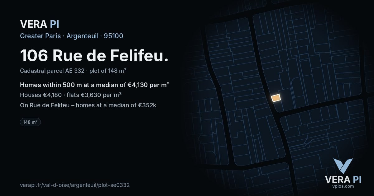 106 Rue de Felifeu, Argenteuil at night – the plot lit, the parcels around coloured by the prices near them