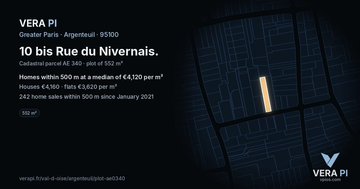 10 bis Rue du Nivernais, Argenteuil at night – the plot lit, the parcels around coloured by the prices near them