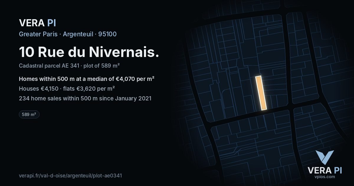 10 Rue du Nivernais, Argenteuil at night – the plot lit, the parcels around coloured by the prices near them