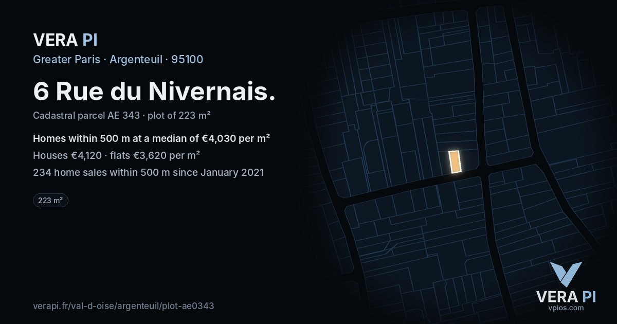6 Rue du Nivernais, Argenteuil at night – the plot lit, the parcels around coloured by the prices near them