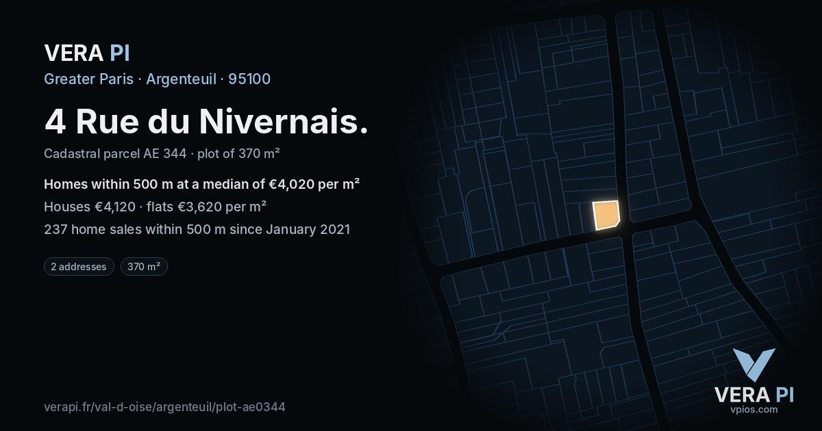4 Rue du Nivernais, Argenteuil at night – the plot lit, the parcels around coloured by the prices near them