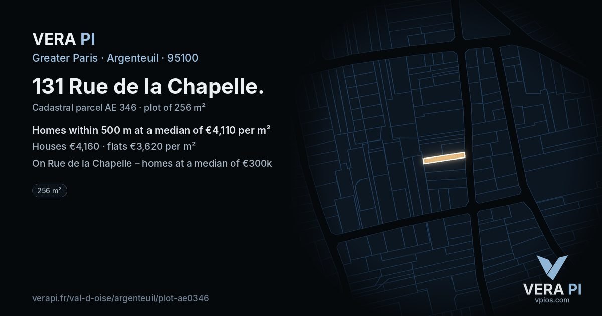 131 Rue de la Chapelle, Argenteuil at night – the plot lit, the parcels around coloured by the prices near them