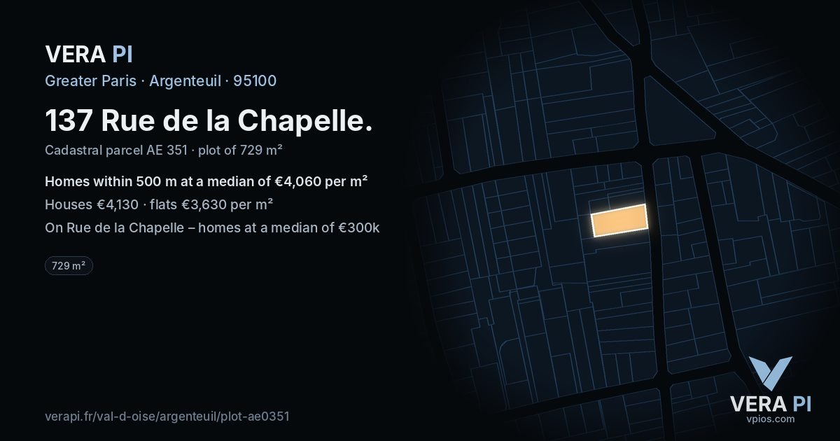 137 Rue de la Chapelle, Argenteuil at night – the plot lit, the parcels around coloured by the prices near them