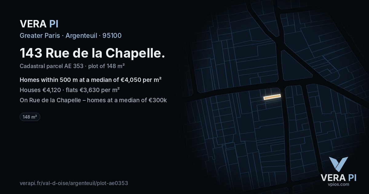 143 Rue de la Chapelle, Argenteuil at night – the plot lit, the parcels around coloured by the prices near them