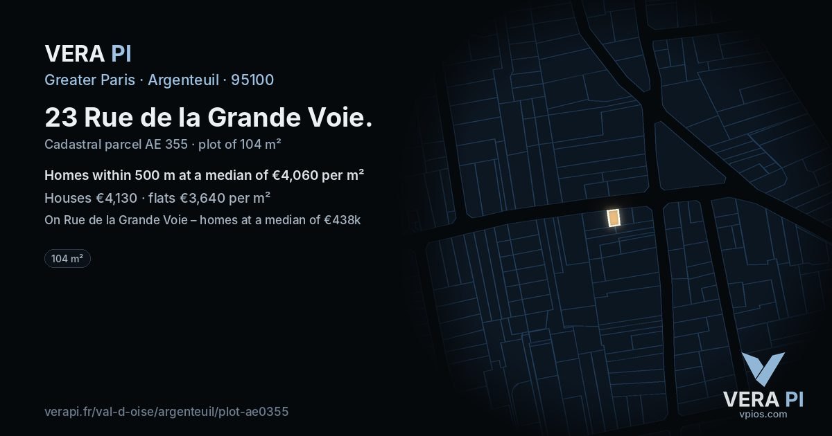 23 Rue de la Grande Voie, Argenteuil at night – the plot lit, the parcels around coloured by the prices near them