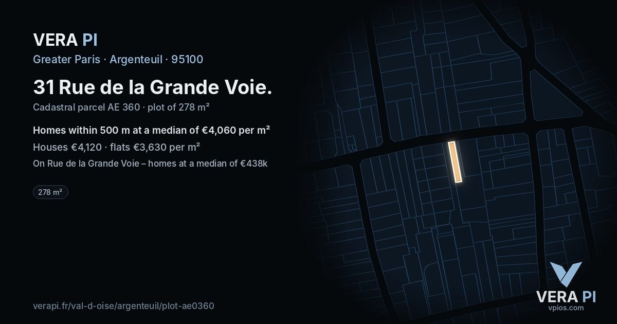 31 Rue de la Grande Voie, Argenteuil at night – the plot lit, the parcels around coloured by the prices near them