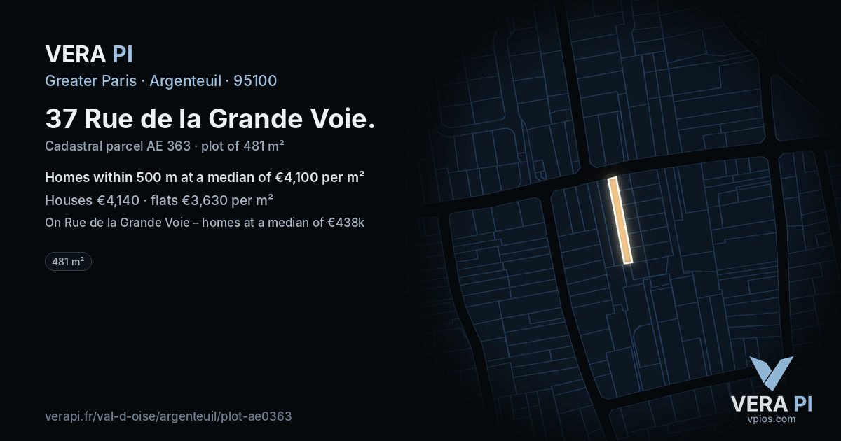 37 Rue de la Grande Voie, Argenteuil at night – the plot lit, the parcels around coloured by the prices near them