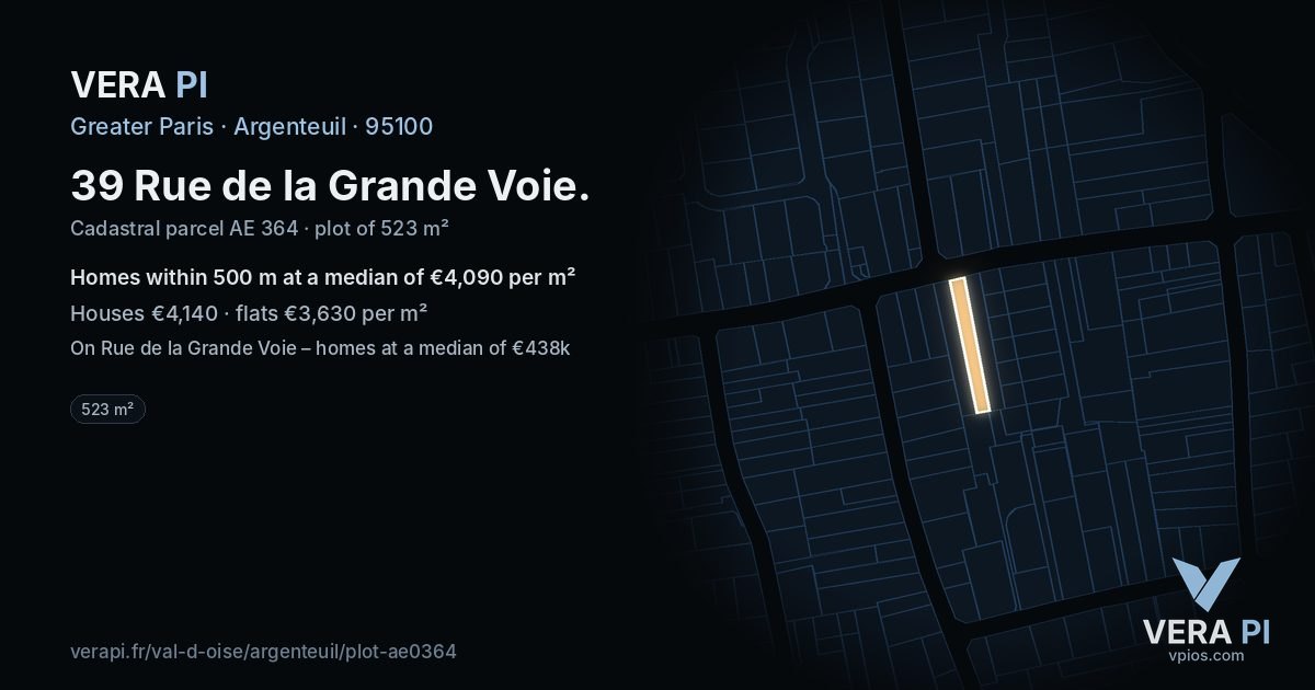 39 Rue de la Grande Voie, Argenteuil at night – the plot lit, the parcels around coloured by the prices near them