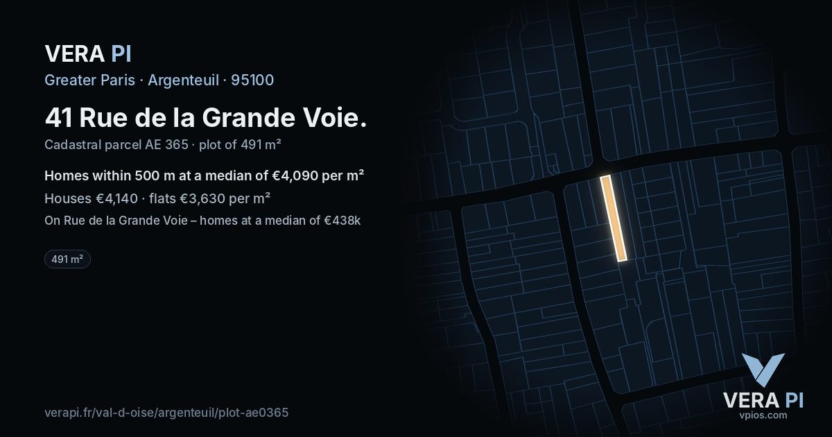 41 Rue de la Grande Voie, Argenteuil at night – the plot lit, the parcels around coloured by the prices near them