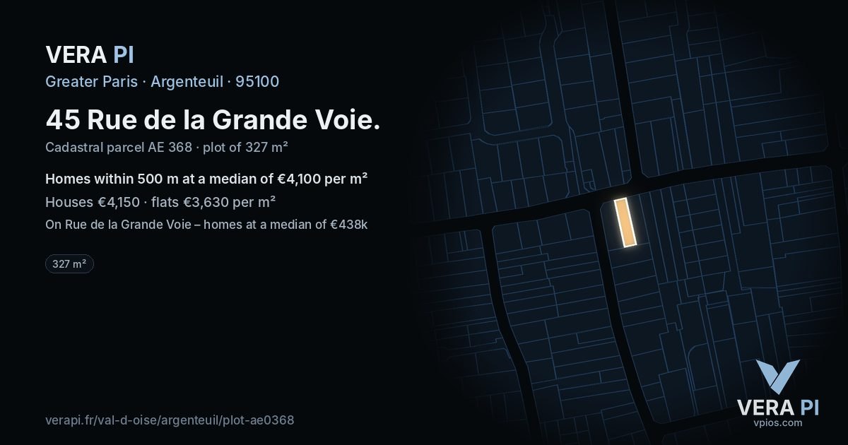 45 Rue de la Grande Voie, Argenteuil at night – the plot lit, the parcels around coloured by the prices near them