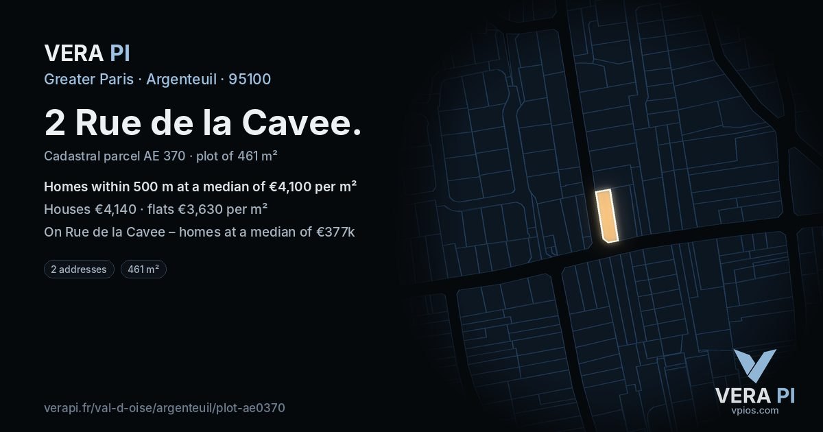 2 Rue de la Cavee, Argenteuil at night – the plot lit, the parcels around coloured by the prices near them