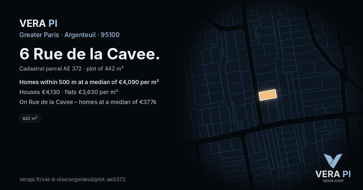 6 Rue de la Cavee, Argenteuil at night – the plot lit, the parcels around coloured by the prices near them