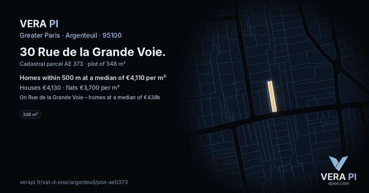30 Rue de la Grande Voie, Argenteuil at night – the plot lit, the parcels around coloured by the prices near them