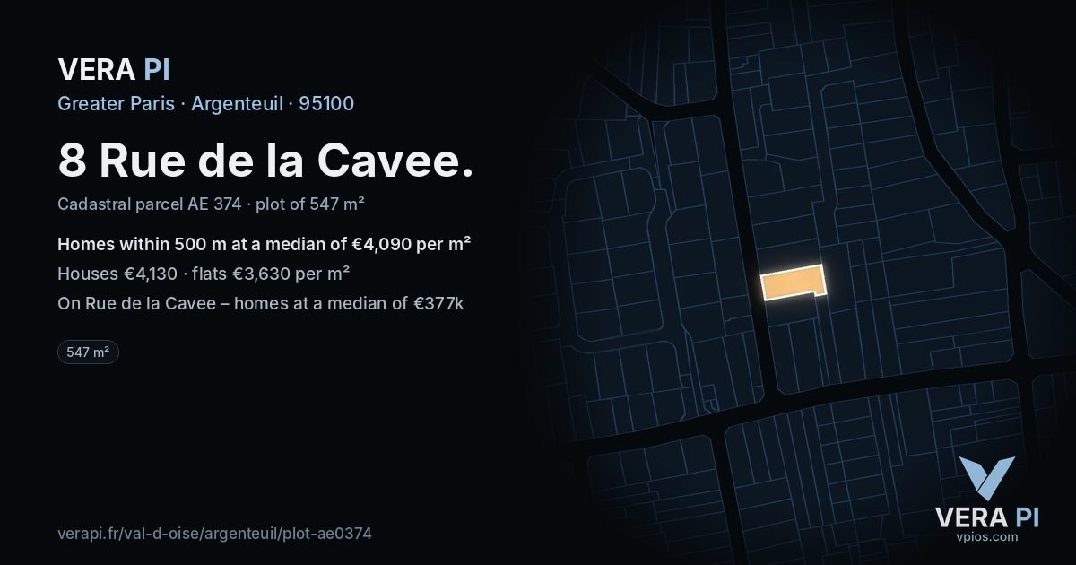 8 Rue de la Cavee, Argenteuil at night – the plot lit, the parcels around coloured by the prices near them