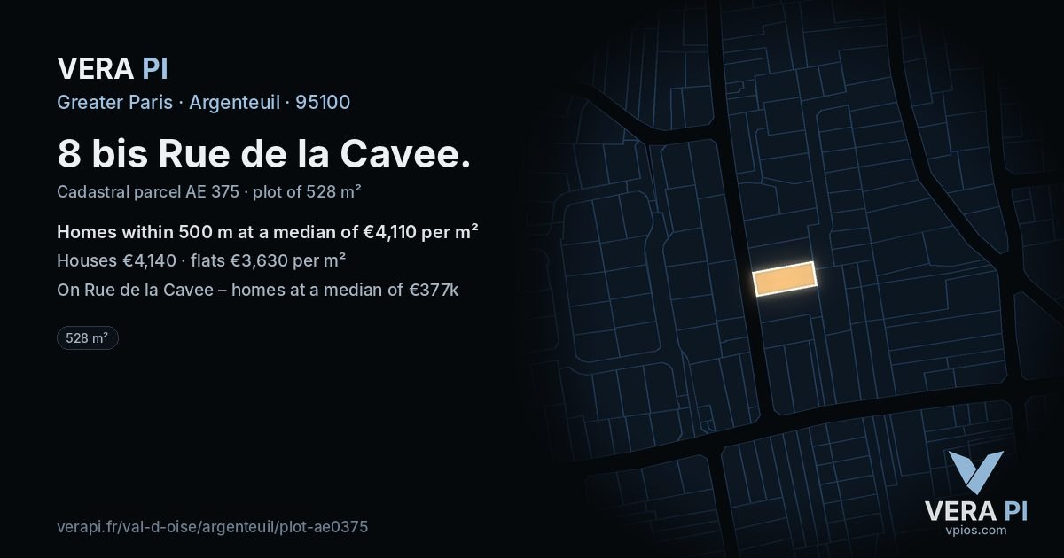 8 bis Rue de la Cavee, Argenteuil at night – the plot lit, the parcels around coloured by the prices near them