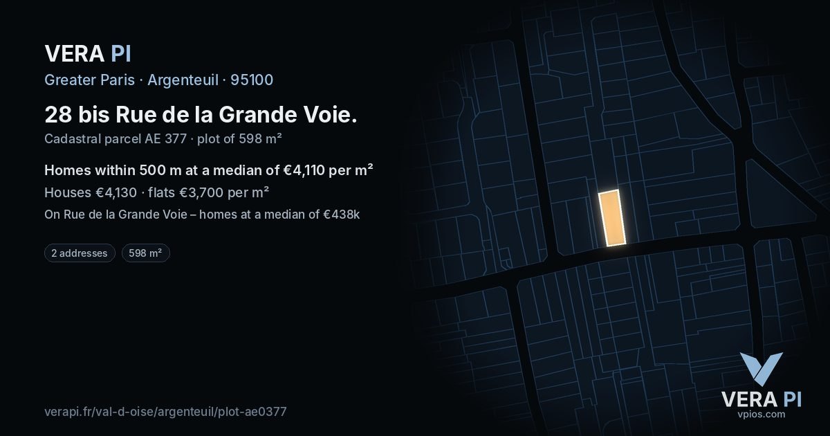 28 bis Rue de la Grande Voie, Argenteuil at night – the plot lit, the parcels around coloured by the prices near them