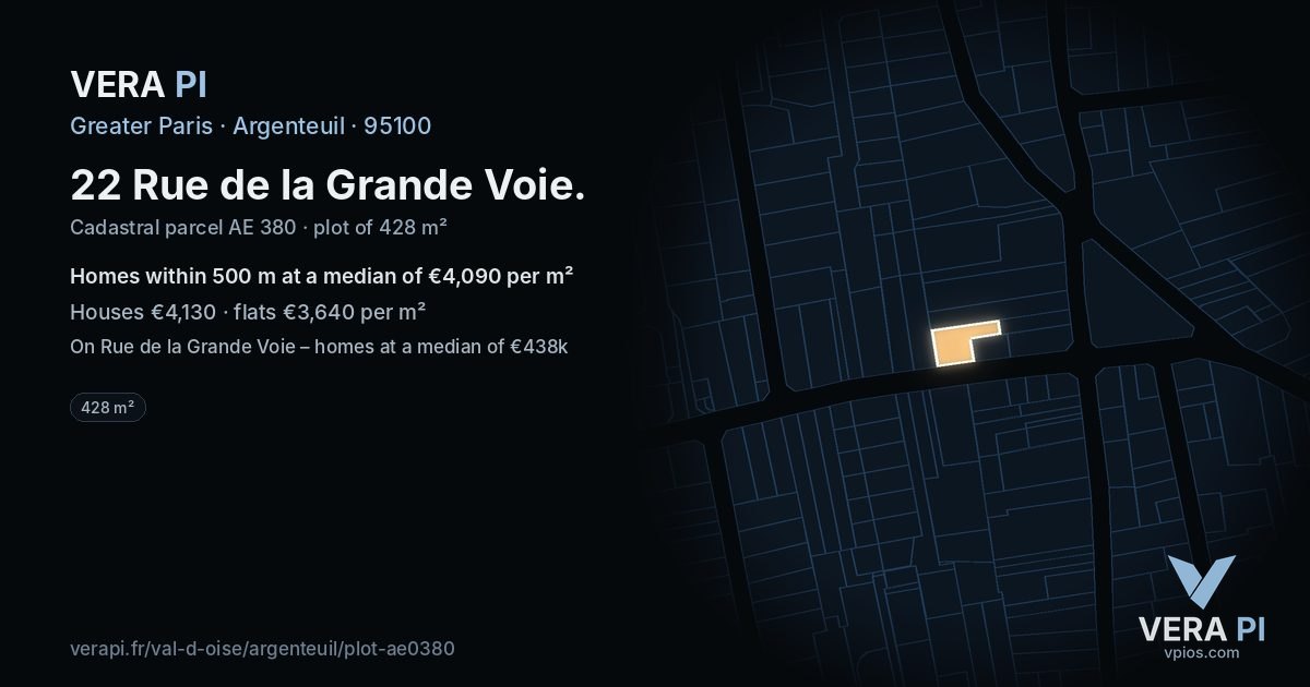 22 Rue de la Grande Voie, Argenteuil at night – the plot lit, the parcels around coloured by the prices near them
