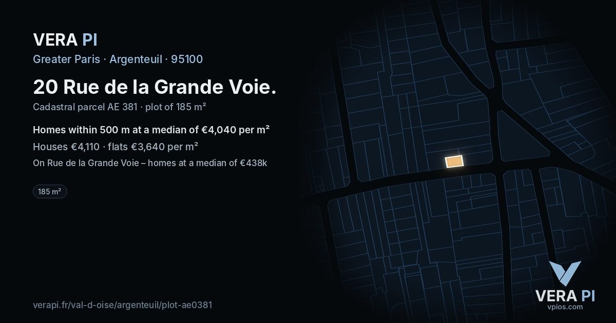 20 Rue de la Grande Voie, Argenteuil at night – the plot lit, the parcels around coloured by the prices near them