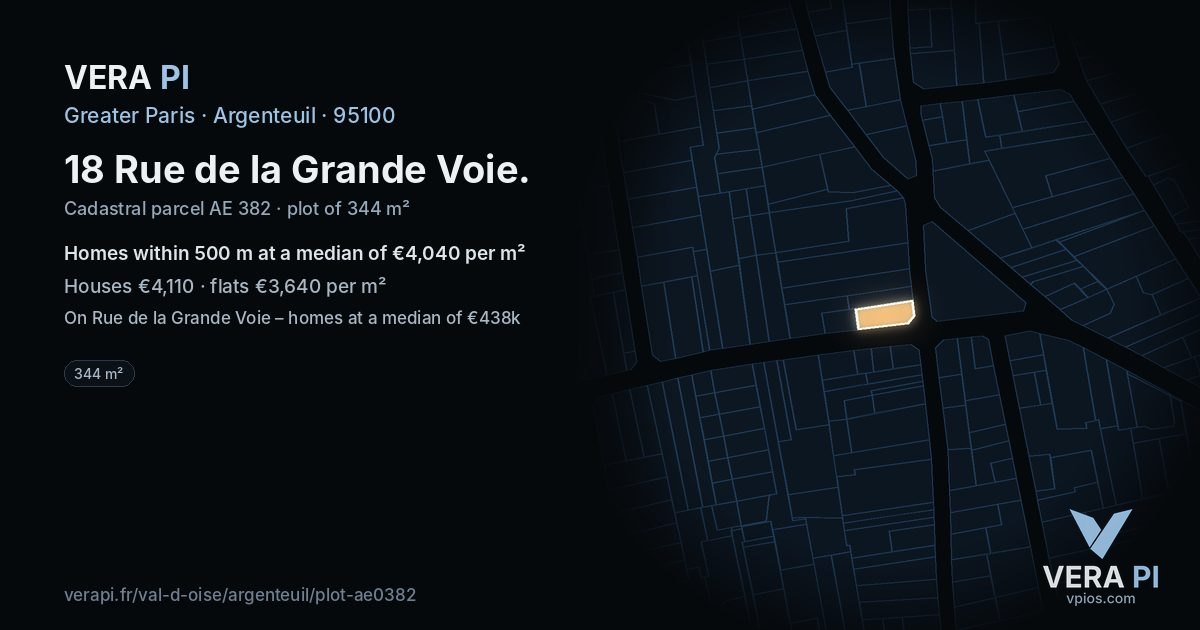 18 Rue de la Grande Voie, Argenteuil at night – the plot lit, the parcels around coloured by the prices near them