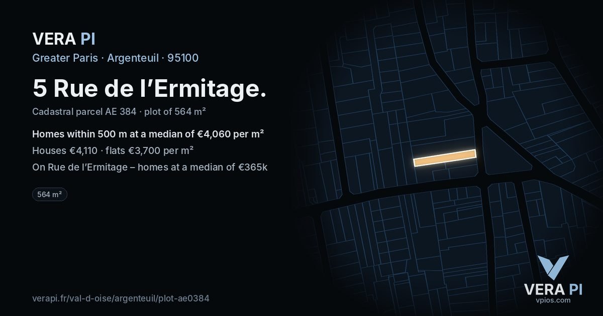 5 Rue de l’Ermitage, Argenteuil at night – the plot lit, the parcels around coloured by the prices near them