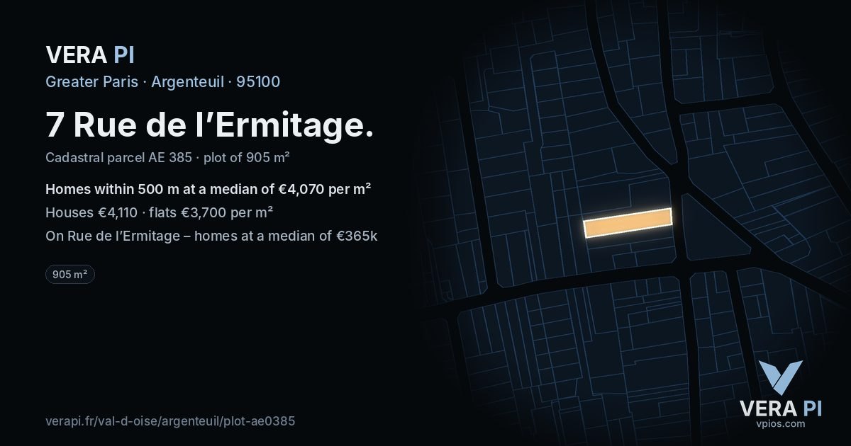 7 Rue de l’Ermitage, Argenteuil at night – the plot lit, the parcels around coloured by the prices near them