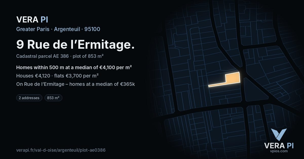 9 Rue de l’Ermitage, Argenteuil at night – the plot lit, the parcels around coloured by the prices near them