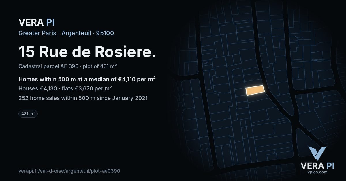 15 Rue de Rosiere, Argenteuil at night – the plot lit, the parcels around coloured by the prices near them