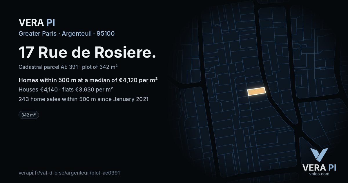 17 Rue de Rosiere, Argenteuil at night – the plot lit, the parcels around coloured by the prices near them