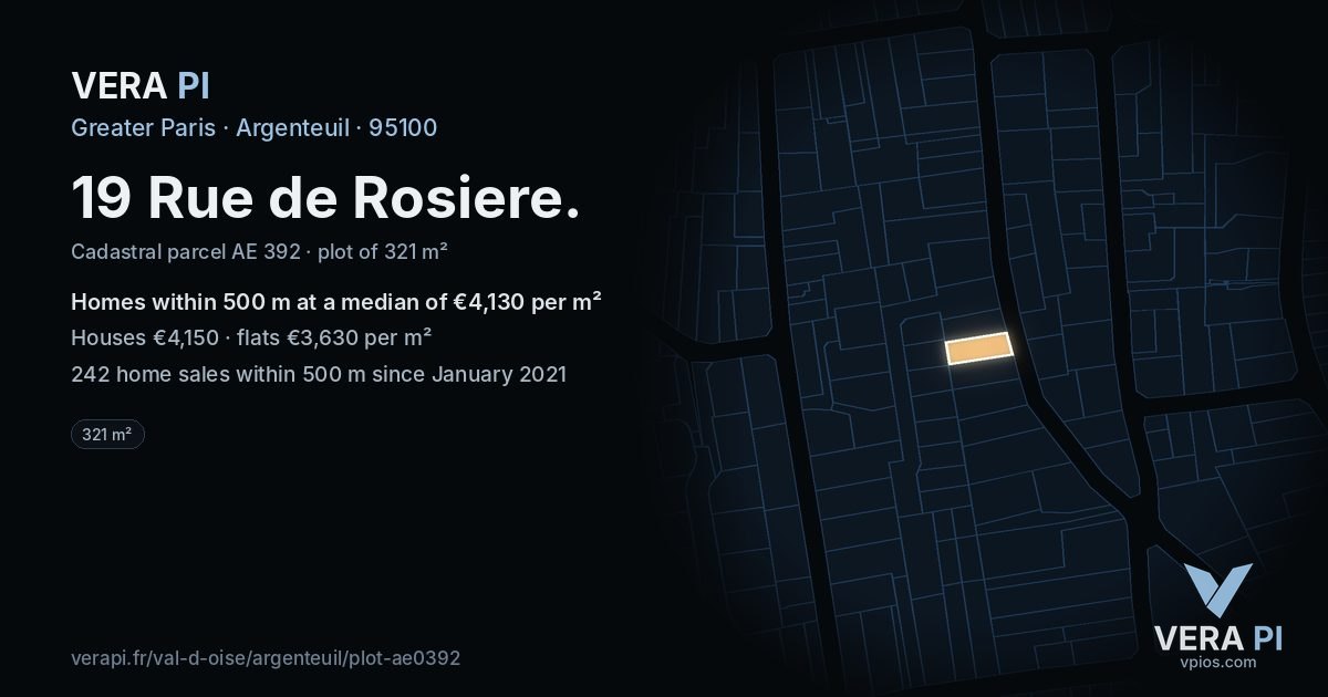 19 Rue de Rosiere, Argenteuil at night – the plot lit, the parcels around coloured by the prices near them