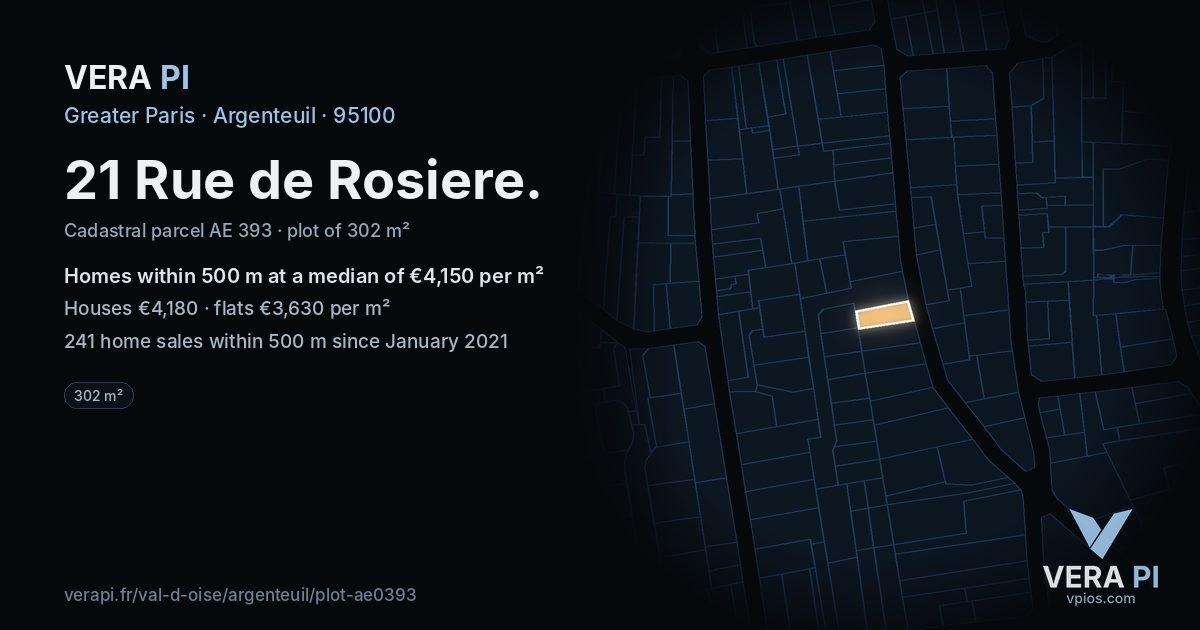 21 Rue de Rosiere, Argenteuil at night – the plot lit, the parcels around coloured by the prices near them