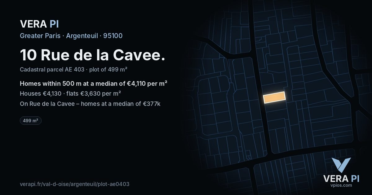 10 Rue de la Cavee, Argenteuil at night – the plot lit, the parcels around coloured by the prices near them