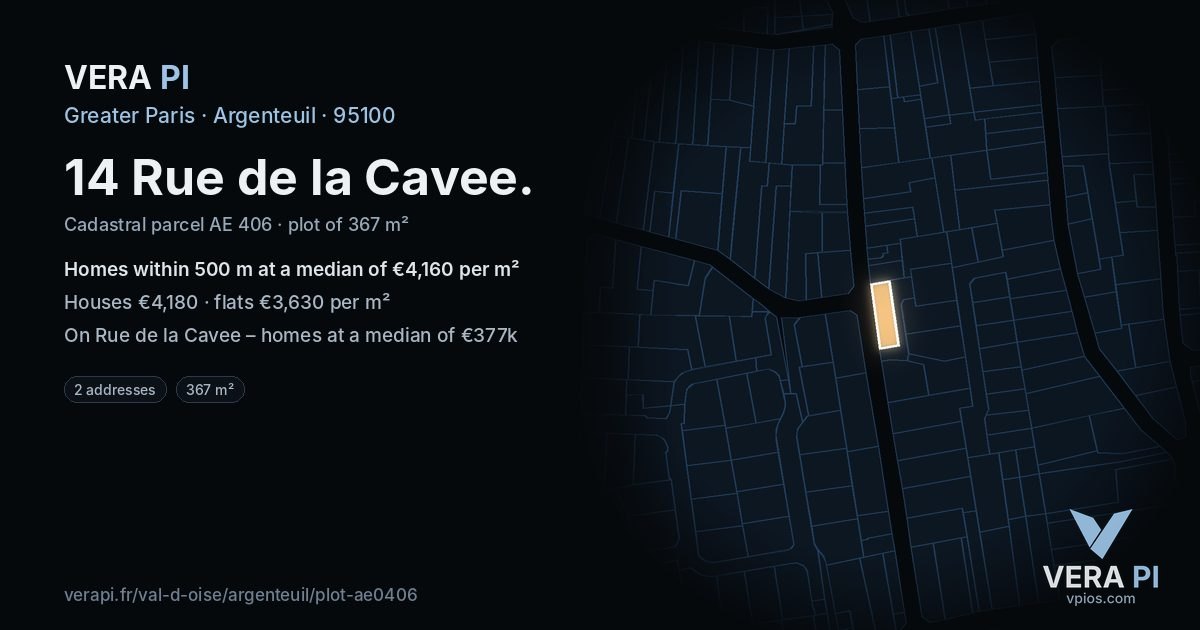 14 Rue de la Cavee, Argenteuil at night – the plot lit, the parcels around coloured by the prices near them