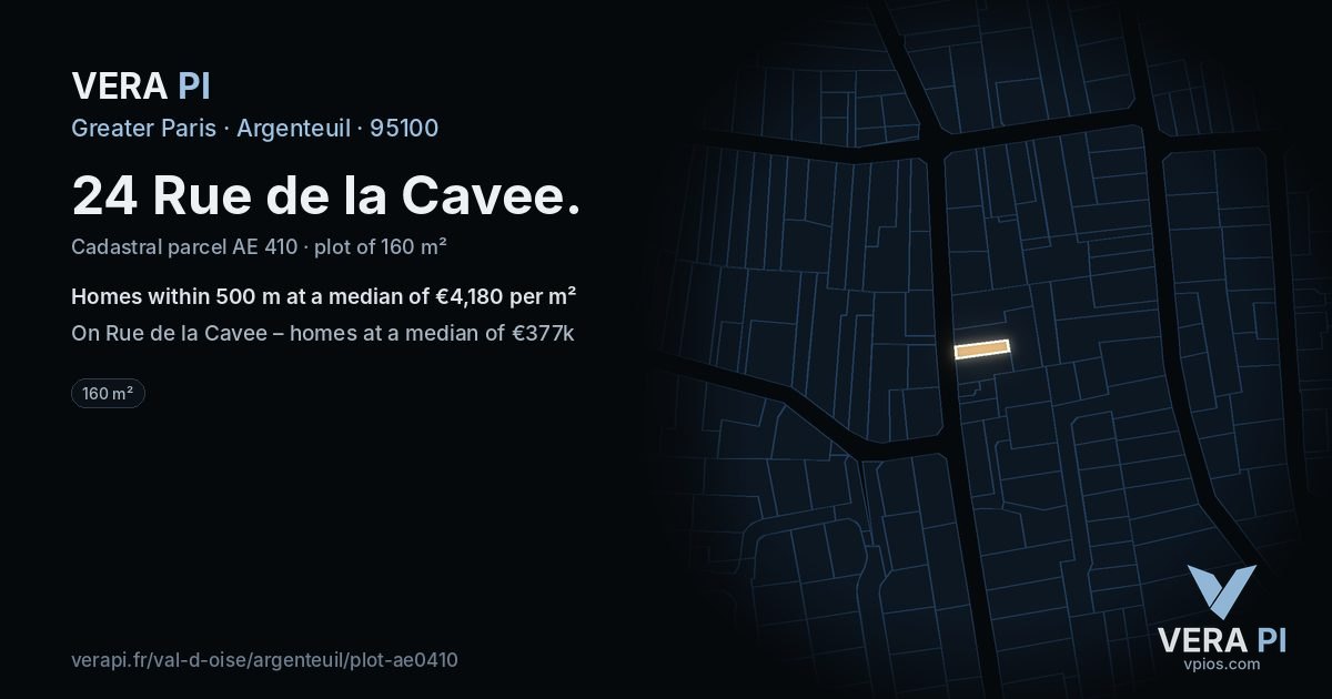 24 Rue de la Cavee, Argenteuil at night – the plot lit, the parcels around coloured by the prices near them