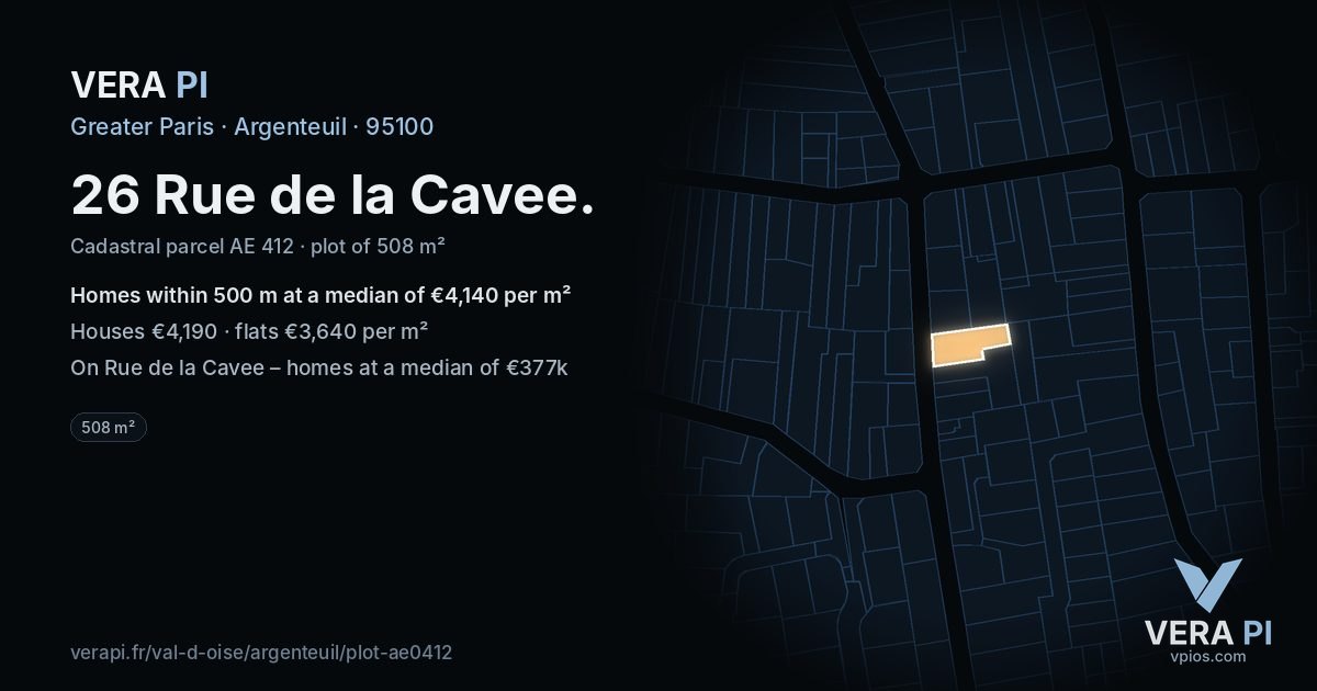 26 Rue de la Cavee, Argenteuil at night – the plot lit, the parcels around coloured by the prices near them