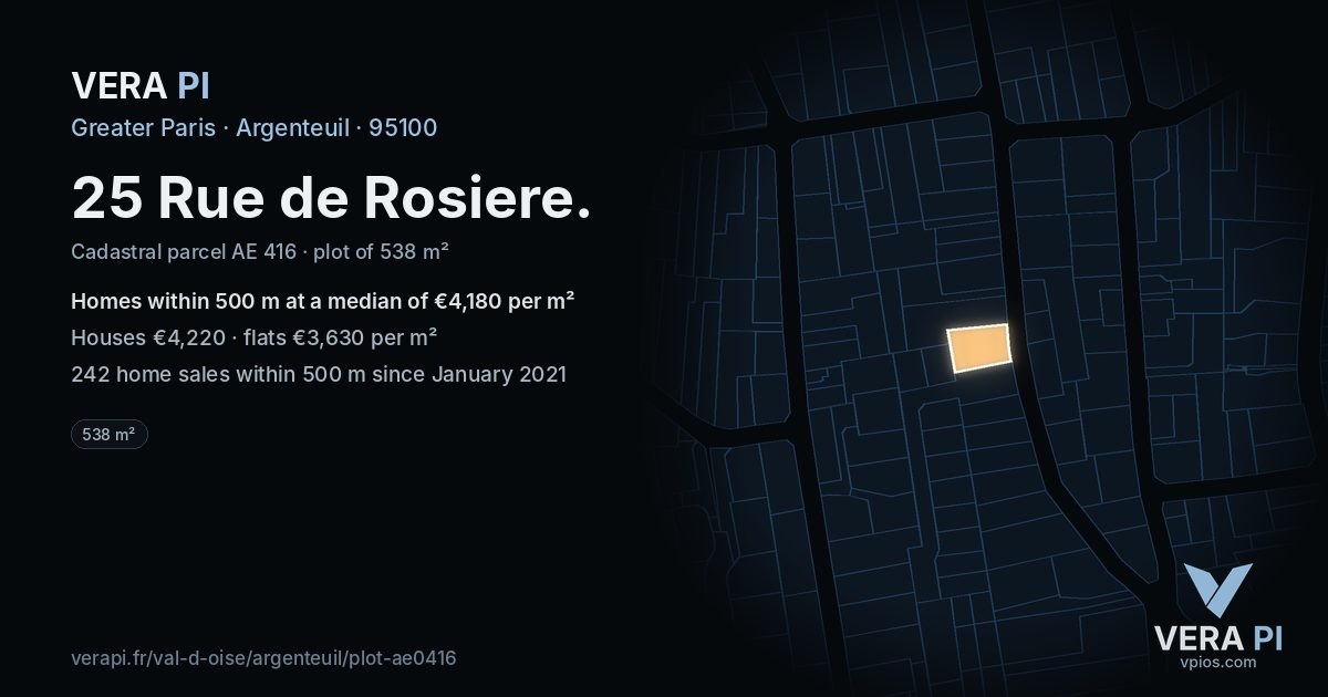 25 Rue de Rosiere, Argenteuil at night – the plot lit, the parcels around coloured by the prices near them