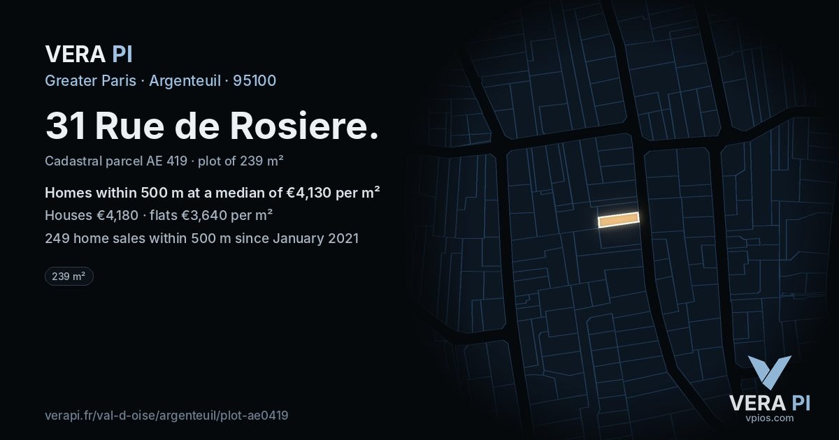 31 Rue de Rosiere, Argenteuil at night – the plot lit, the parcels around coloured by the prices near them