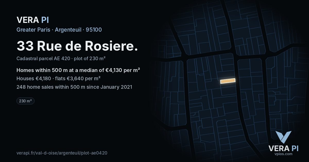 33 Rue de Rosiere, Argenteuil at night – the plot lit, the parcels around coloured by the prices near them