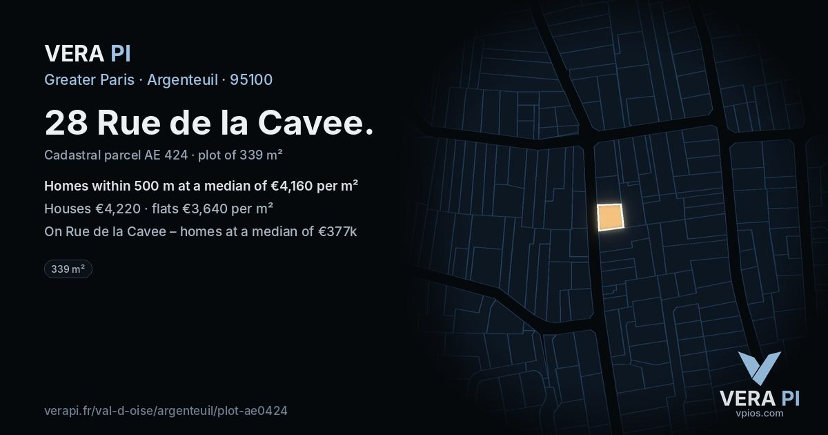 28 Rue de la Cavee, Argenteuil at night – the plot lit, the parcels around coloured by the prices near them