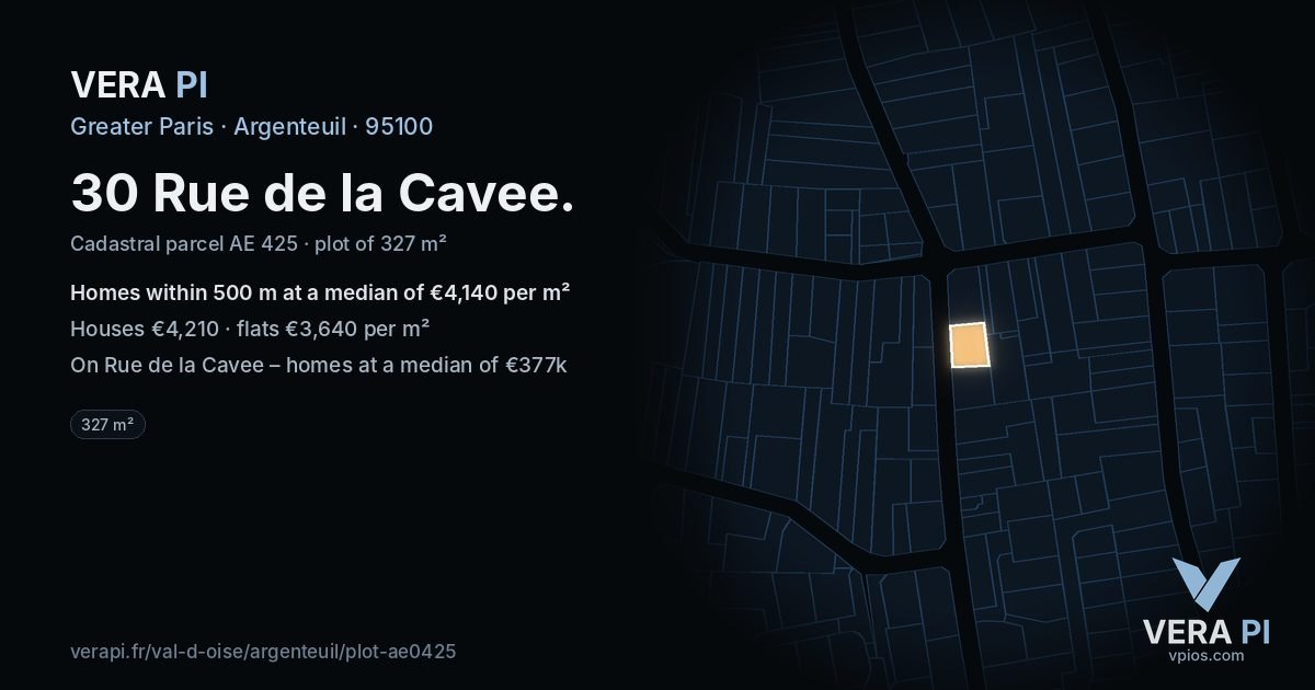 30 Rue de la Cavee, Argenteuil at night – the plot lit, the parcels around coloured by the prices near them