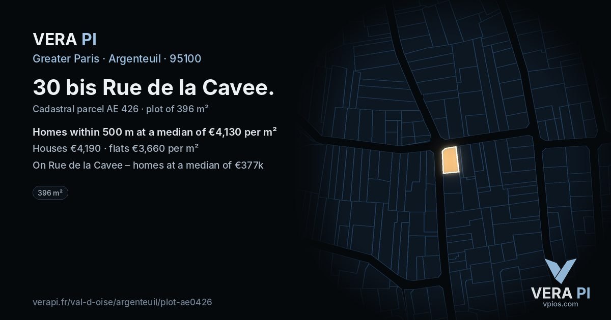 30 bis Rue de la Cavee, Argenteuil at night – the plot lit, the parcels around coloured by the prices near them