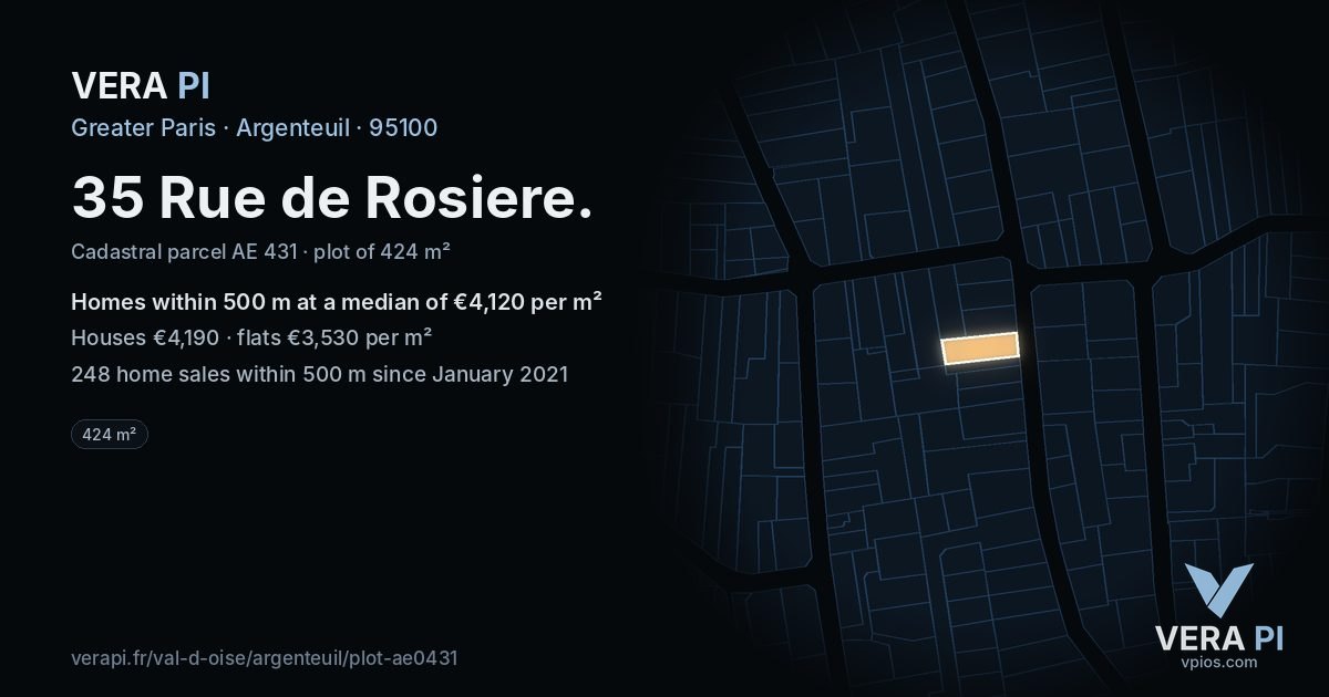 35 Rue de Rosiere, Argenteuil at night – the plot lit, the parcels around coloured by the prices near them