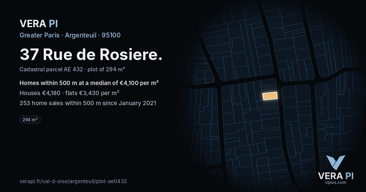 37 Rue de Rosiere, Argenteuil at night – the plot lit, the parcels around coloured by the prices near them