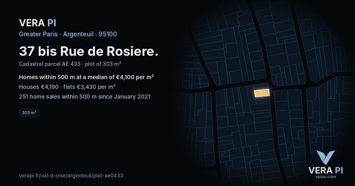 37 bis Rue de Rosiere, Argenteuil at night – the plot lit, the parcels around coloured by the prices near them