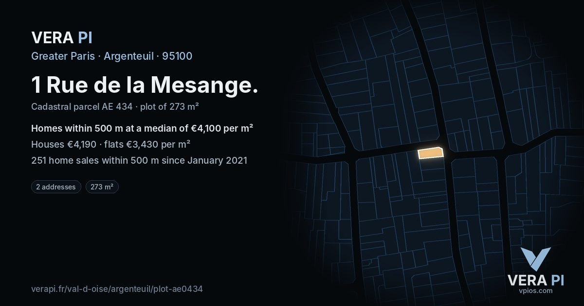 1 Rue de la Mesange, Argenteuil at night – the plot lit, the parcels around coloured by the prices near them