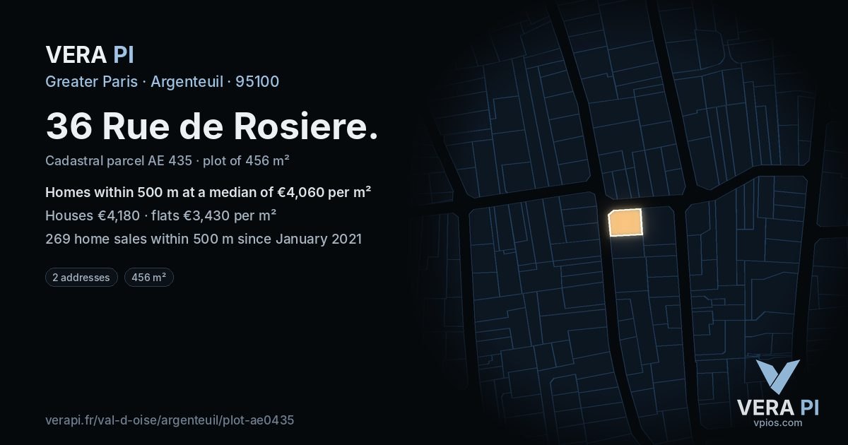 36 Rue de Rosiere, Argenteuil at night – the plot lit, the parcels around coloured by the prices near them
