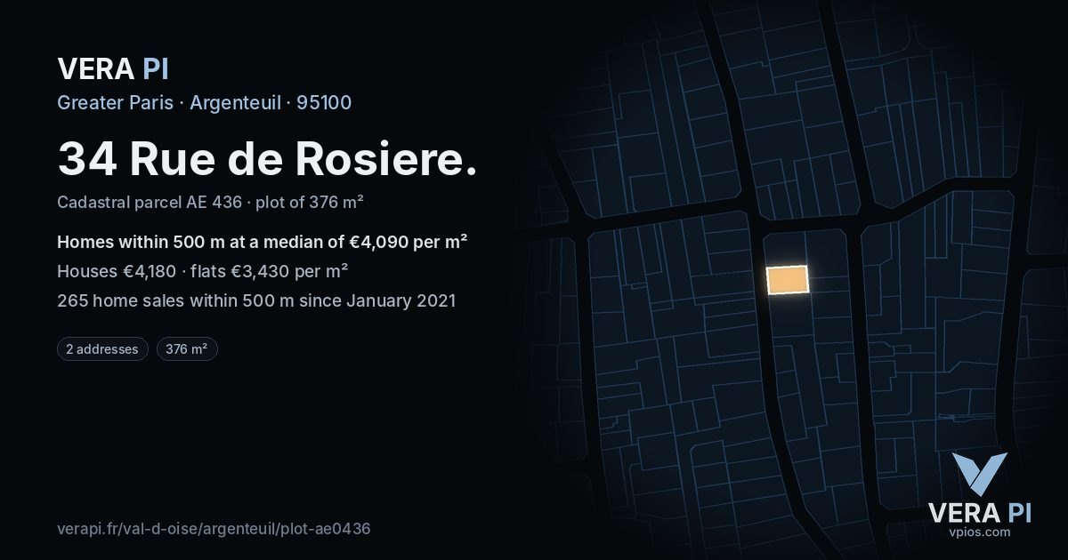 34 Rue de Rosiere, Argenteuil at night – the plot lit, the parcels around coloured by the prices near them