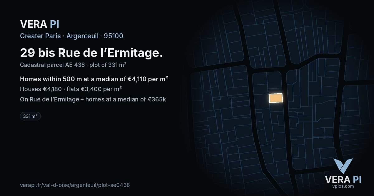 29 bis Rue de l’Ermitage, Argenteuil at night – the plot lit, the parcels around coloured by the prices near them