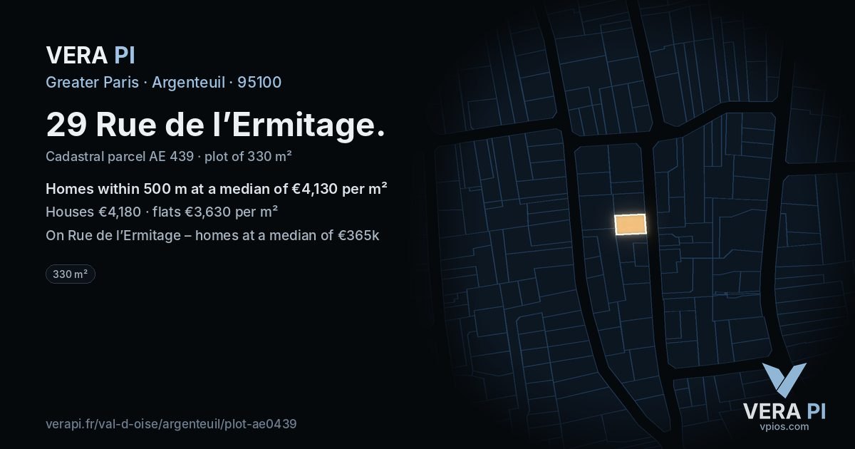 29 Rue de l’Ermitage, Argenteuil at night – the plot lit, the parcels around coloured by the prices near them